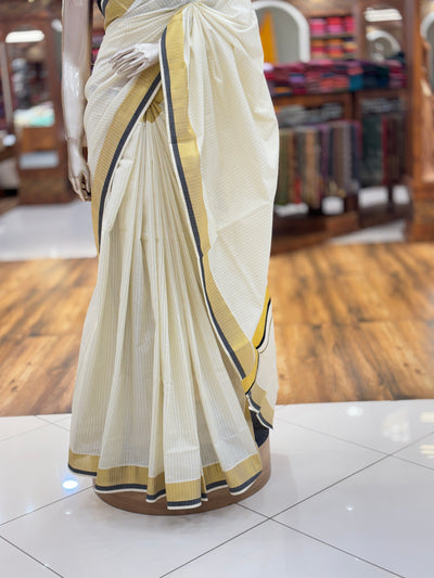Off White Cotton Set Kerala Kasavu Saree | Golden Stripes on the body | with Dual Black highlights and Kasavu borders