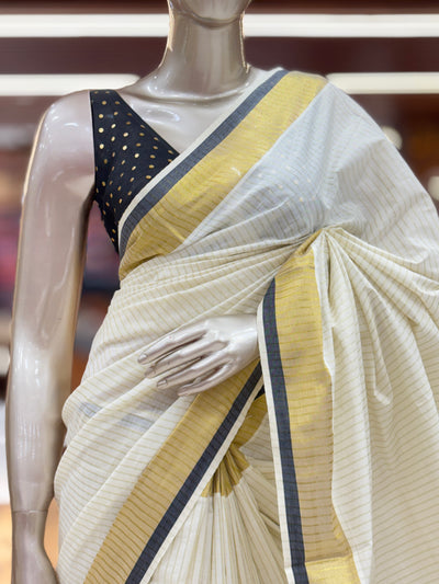 Off White Cotton Set Kerala Kasavu Saree | Golden Stripes on the body | with Dual Black highlights and Kasavu borders