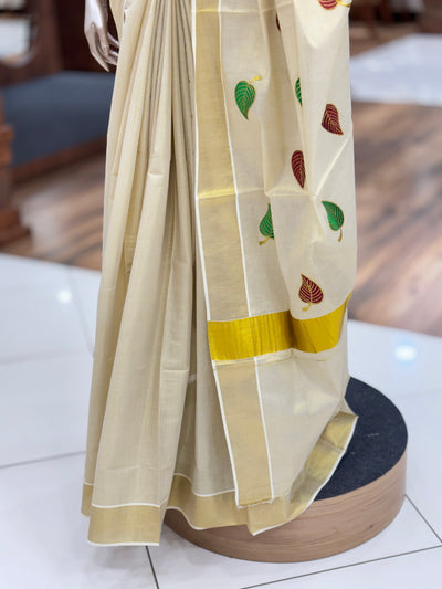 Golden Tissue Silk Saree | Red & Green Leaf Embroidered | with Zari Border