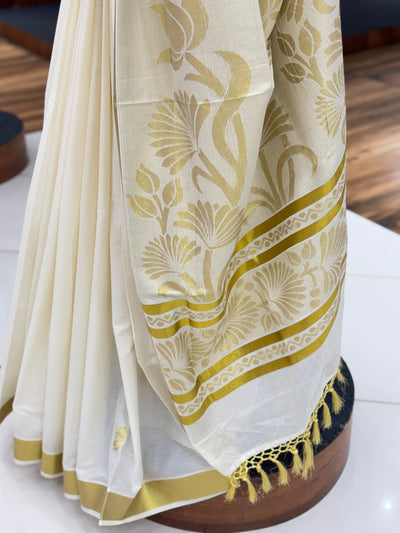 Kerala Traditional Saree | Spun & Woven | Lightweight Soft Fabric | Elegant Ethnic Wear for a Refined and Timeless Look | Golden Rich Pallu & Running Blouse