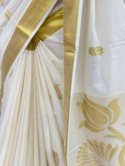 Kerala Traditional Saree | Spun & Woven | Lightweight Soft Fabric | Elegant Ethnic Wear for a Refined and Timeless Look | Golden Rich Pallu & Running Blouse