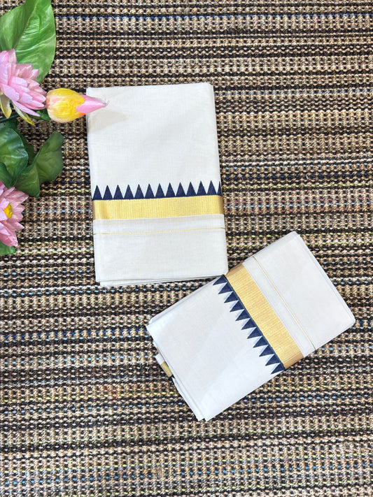 Traditional Cotton Set Mundu for Women | Navy Blue Temple Design