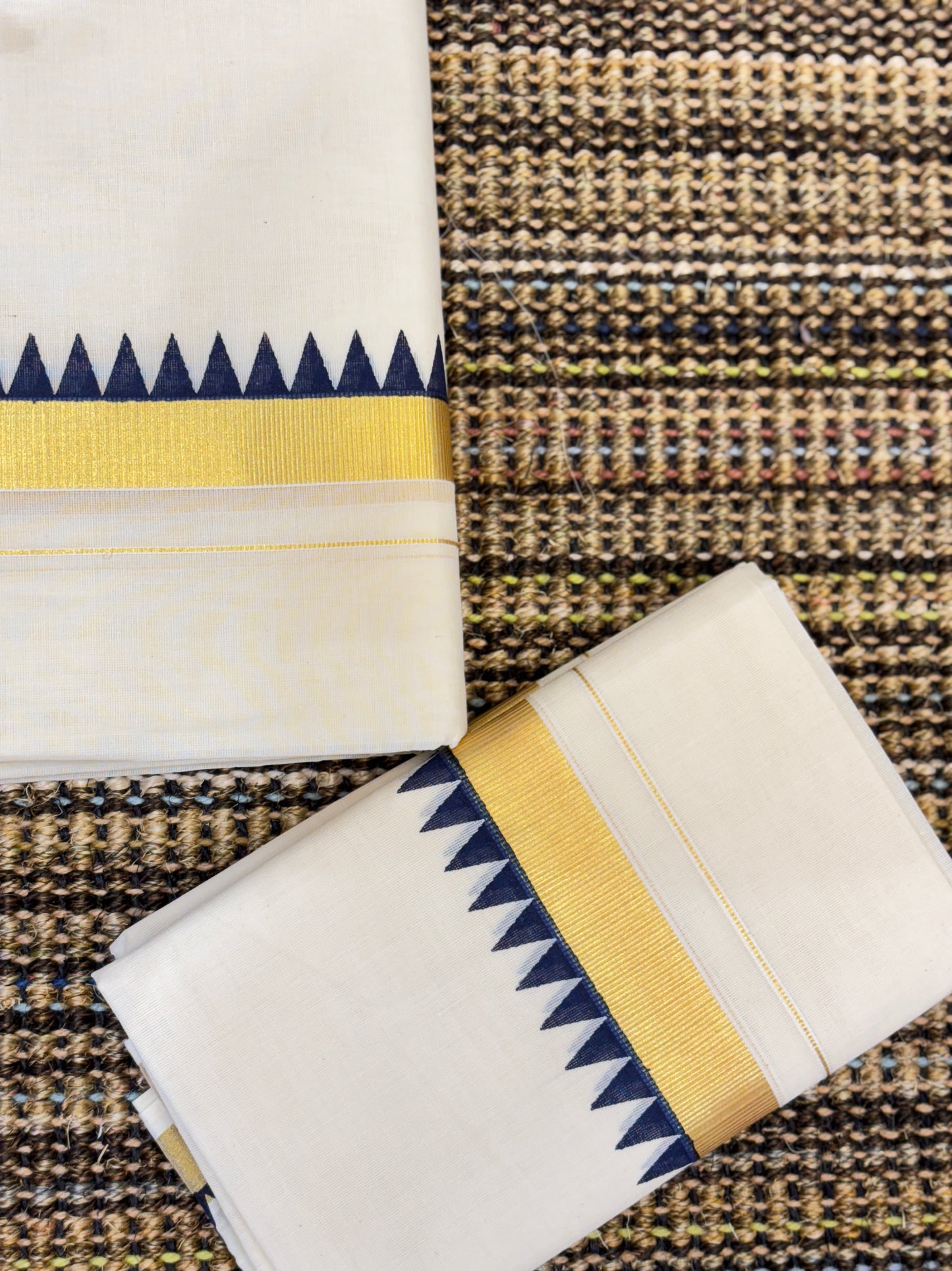 Traditional Cotton Set Mundu for Women | Navy Blue Temple Design