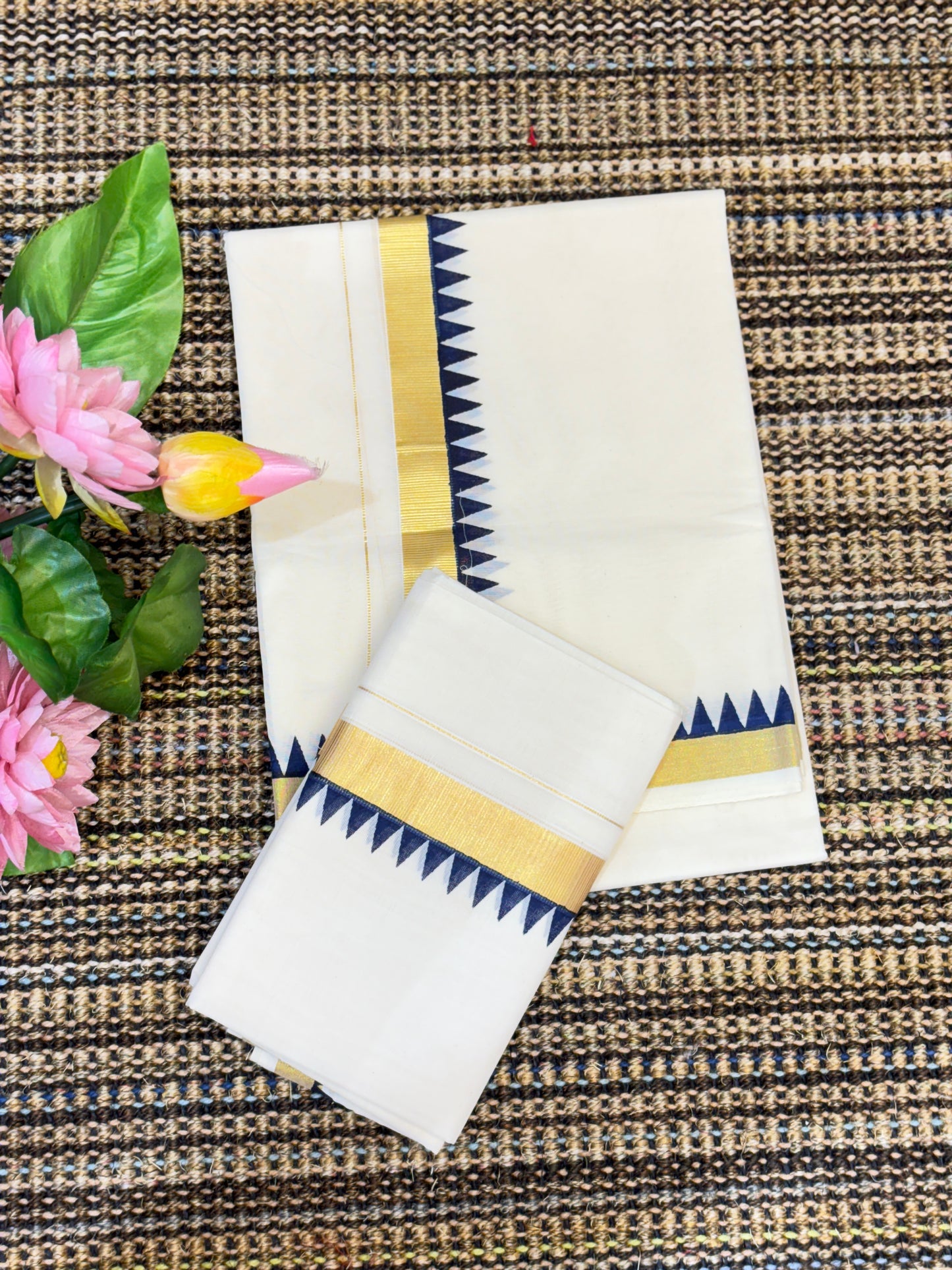 Traditional Cotton Set Mundu for Women | Navy Blue Temple Design