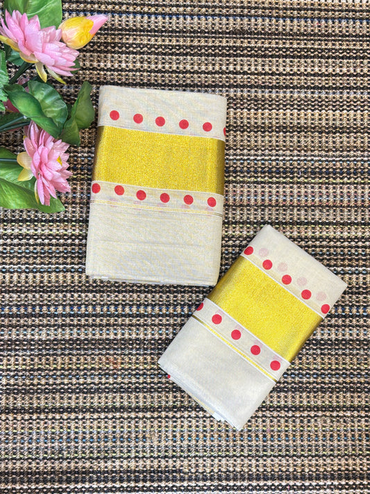 Polka Dot Set Mundu with Golden Kasavu | Red Dots