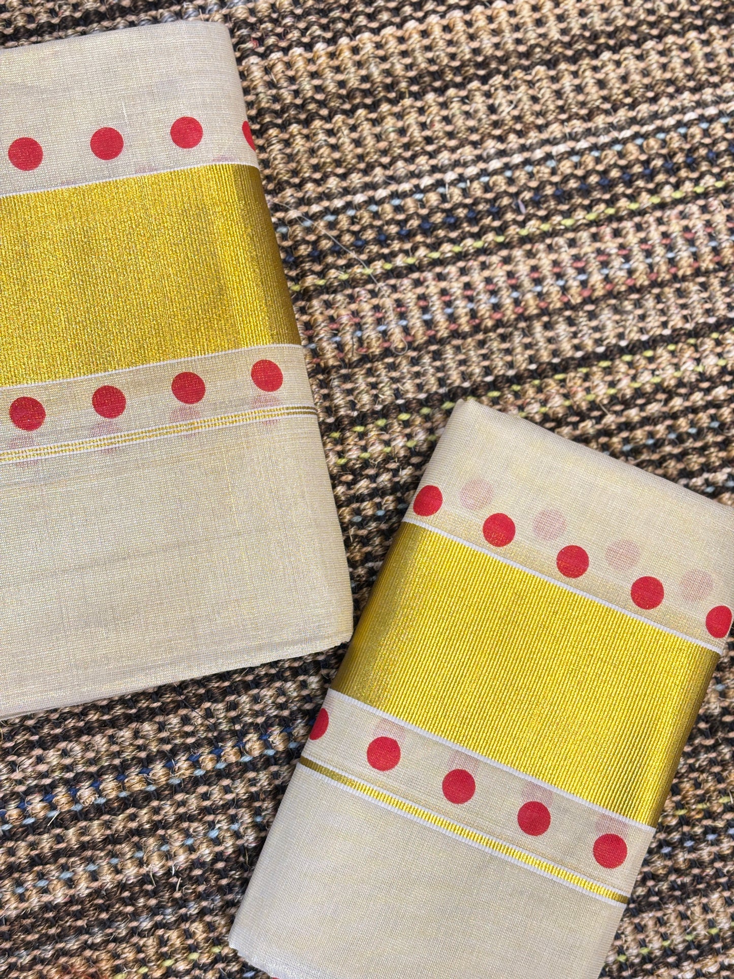 Polka Dot Set Mundu with Golden Kasavu | Red Dots