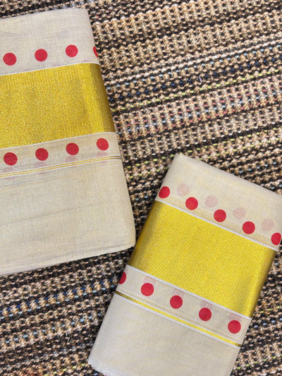 Polka Dot Set Mundu with Golden Kasavu