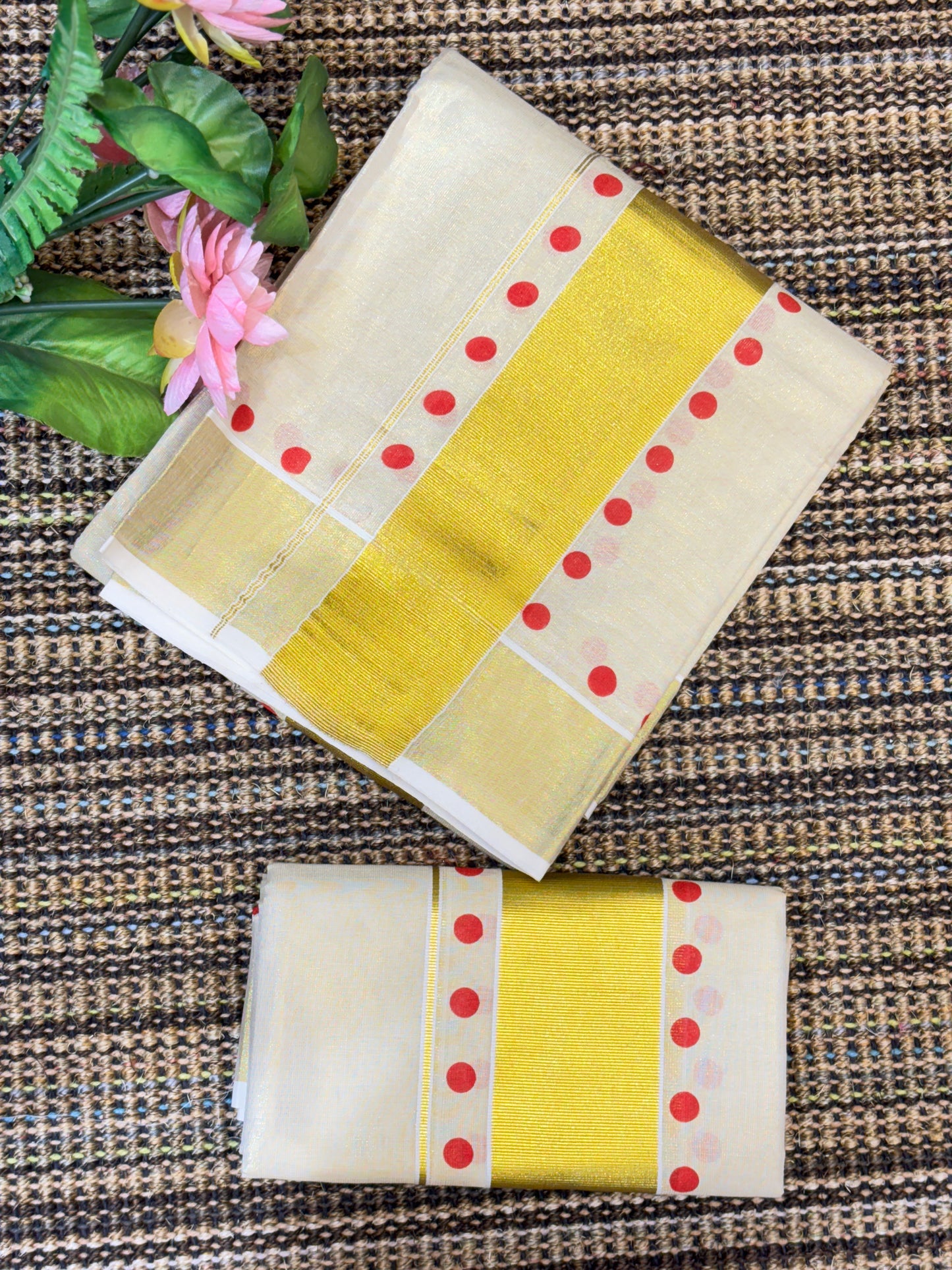 Polka Dot Set Mundu with Golden Kasavu | Red Dots