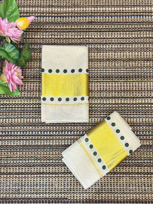 Polka Dot Set Mundu with Golden Kasavu | Green Dots