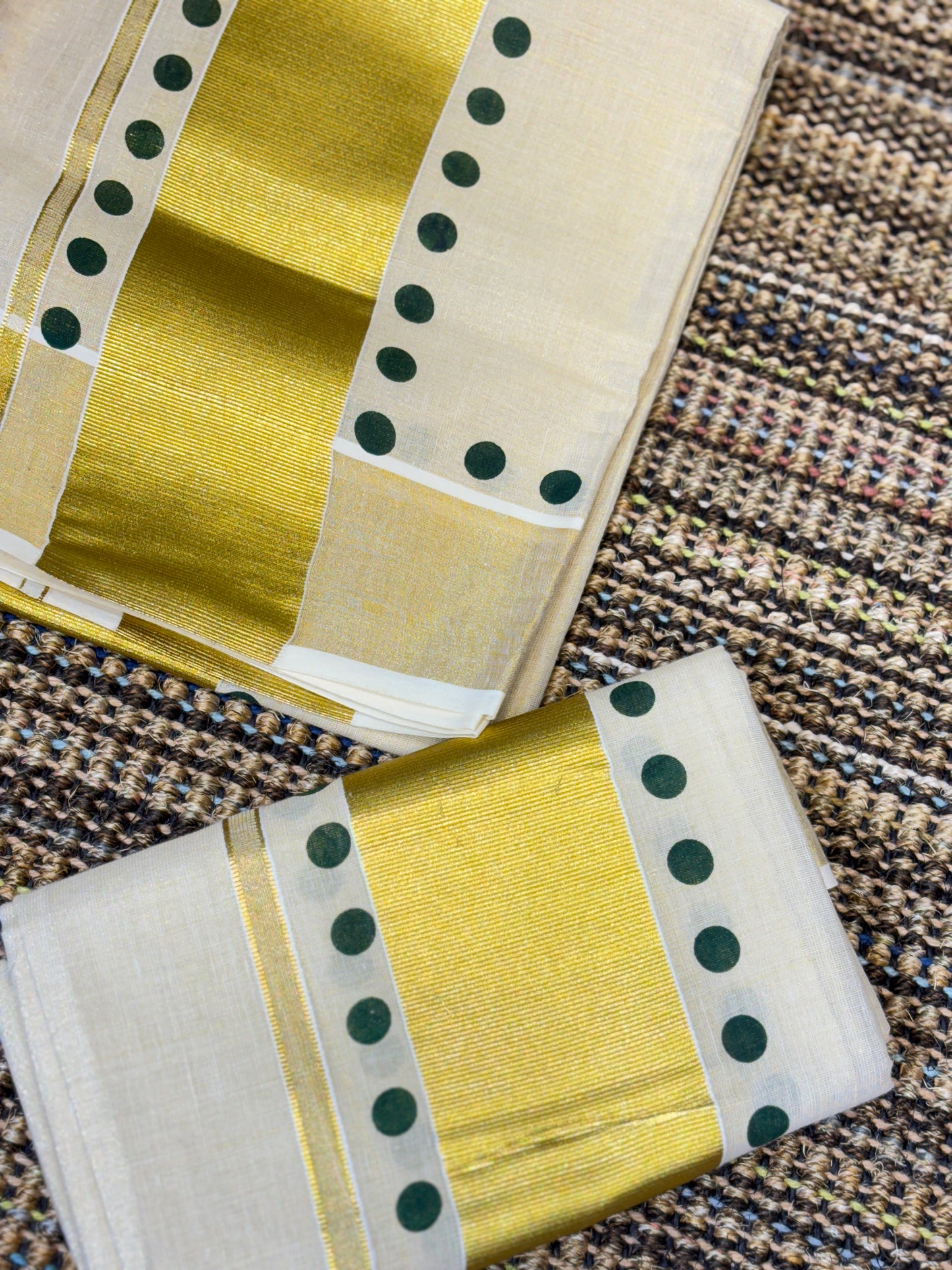 Polka Dot Set Mundu with Golden Kasavu | Green Dots