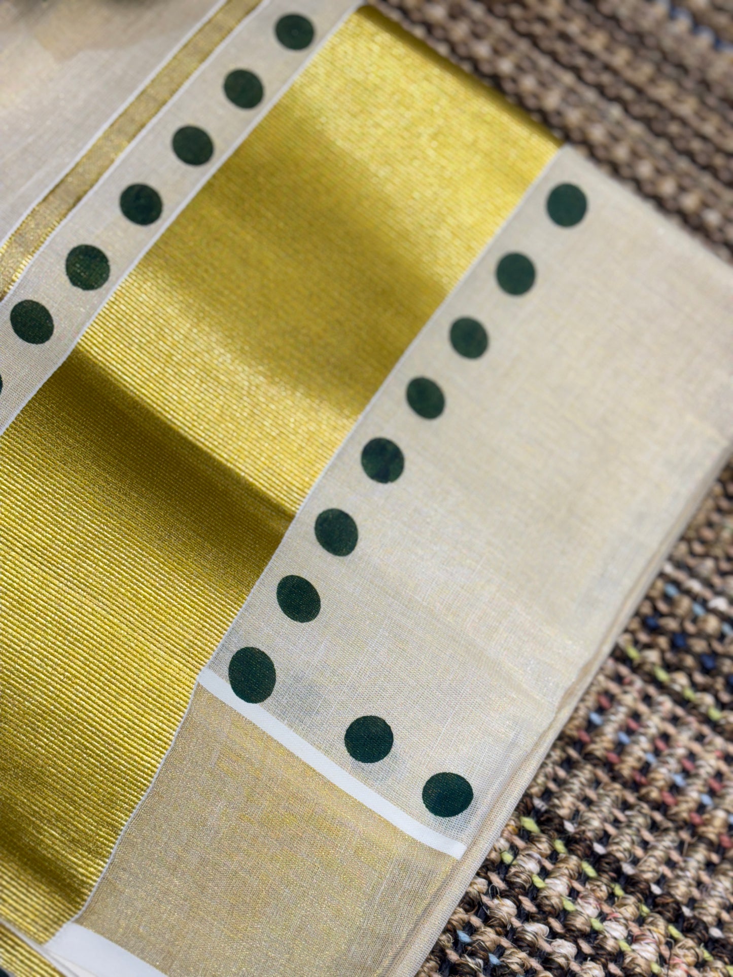 Polka Dot Set Mundu with Golden Kasavu | Green Dots