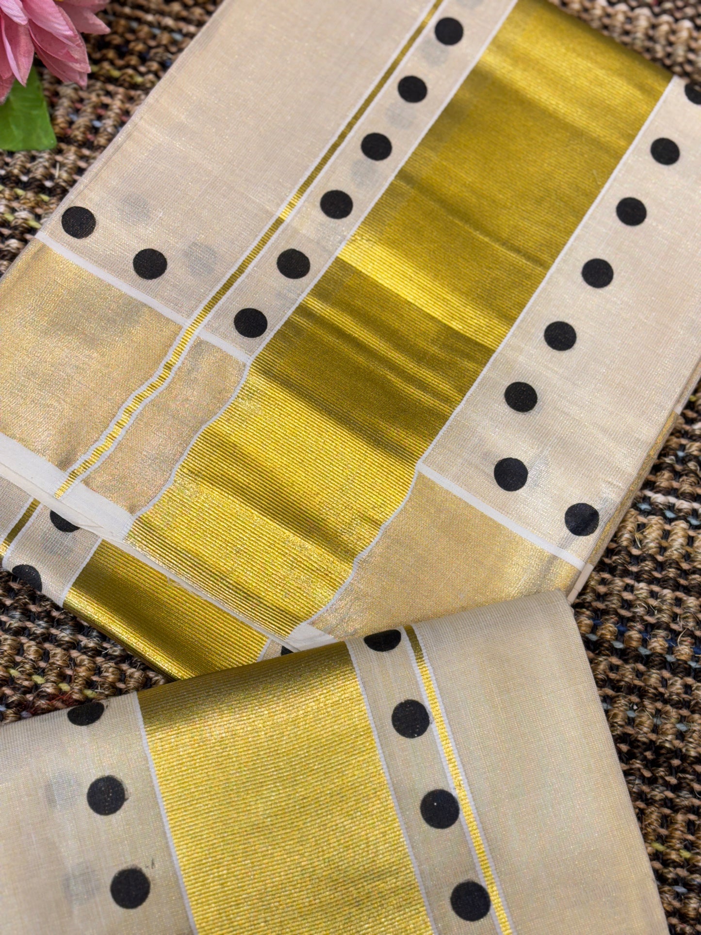 Polka Dot Set Mundu with Golden Kasavu | Black Dots