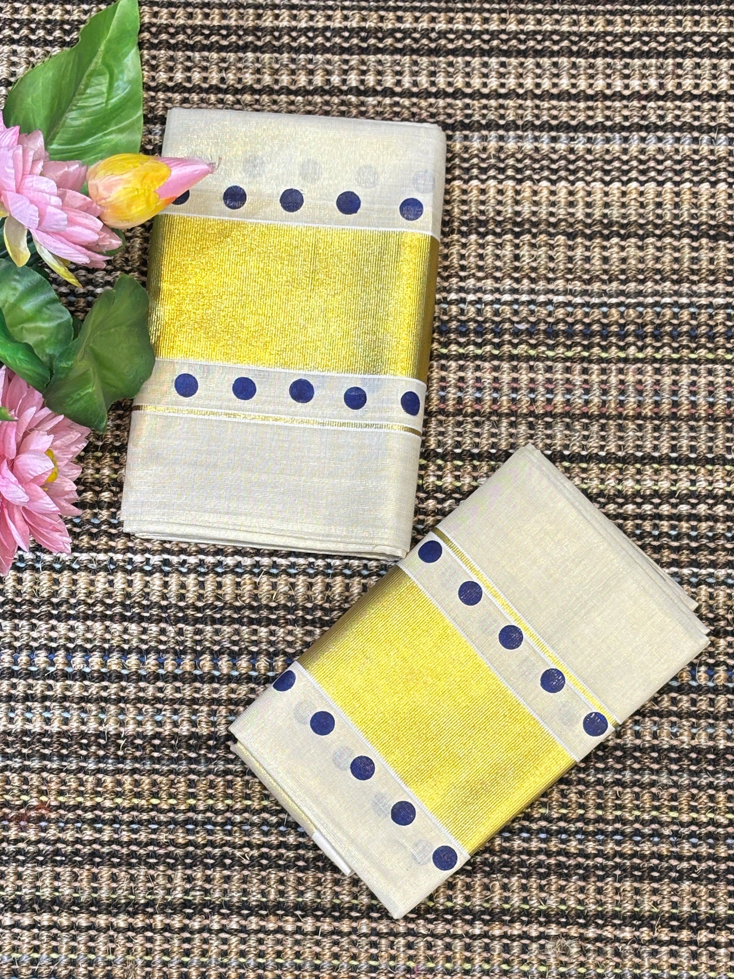 Polka Dot Set Mundu with Golden Kasavu | Blue Dots
