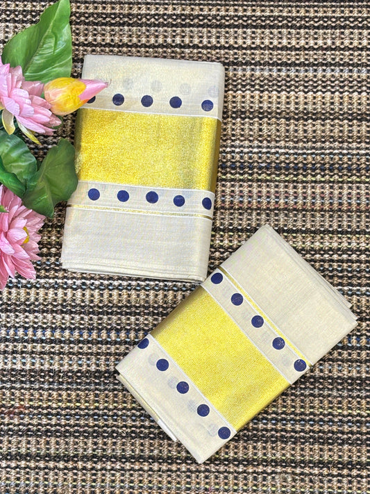 Polka Dot Set Mundu with Golden Kasavu | Blue Dots