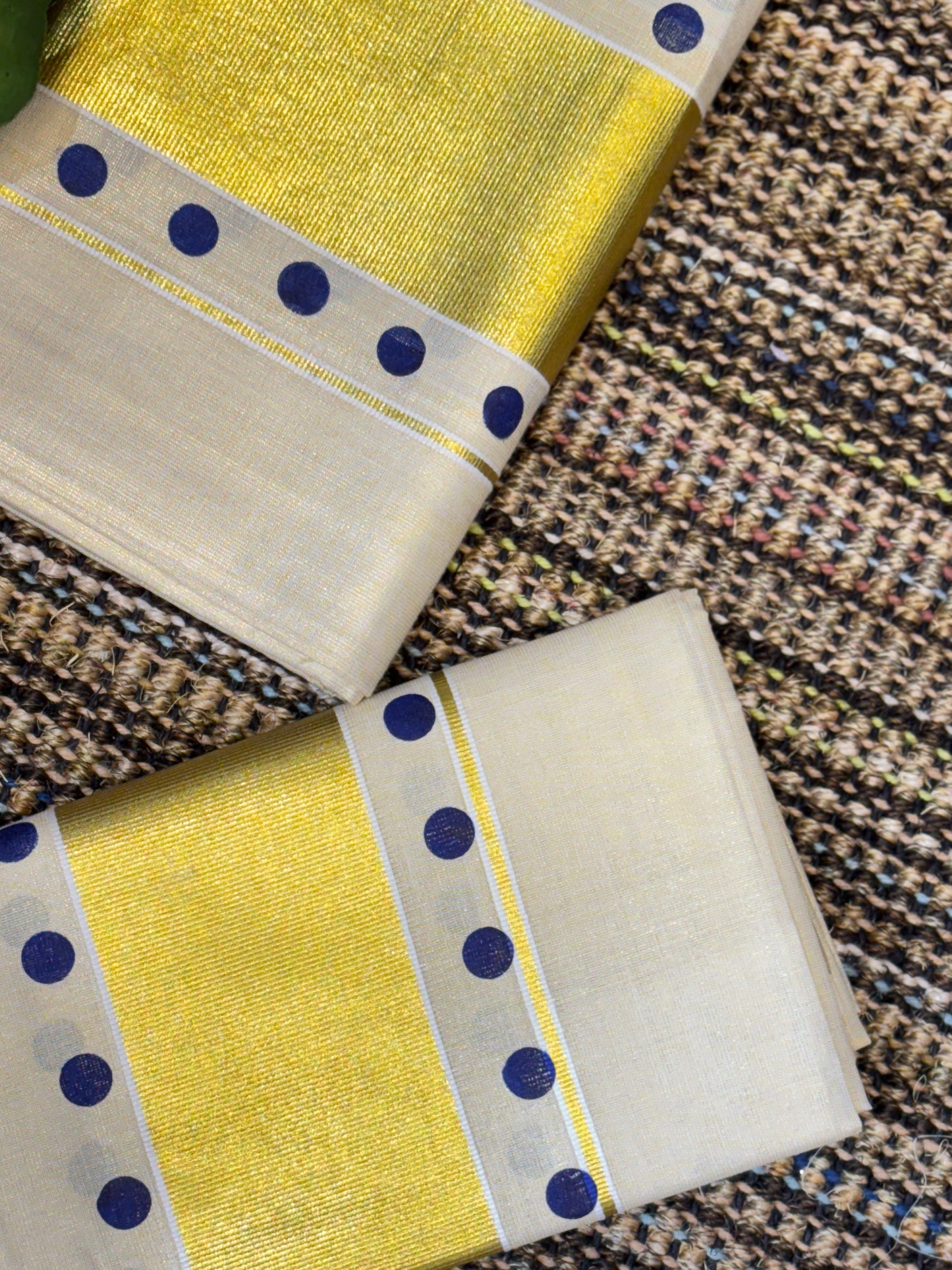 Polka Dot Set Mundu with Golden Kasavu | Blue Dots