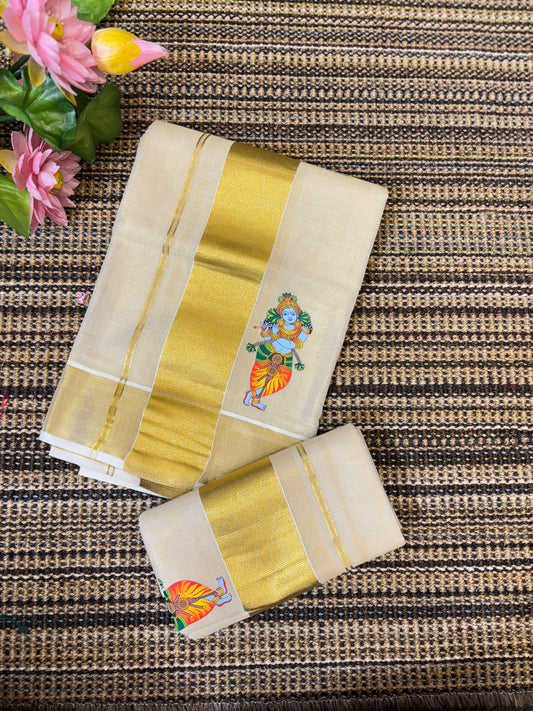 Women's Kerala Traditional Kasavu Set Mundu | Tissue Golden Zari Saree | Mural Print of Lord Krishna