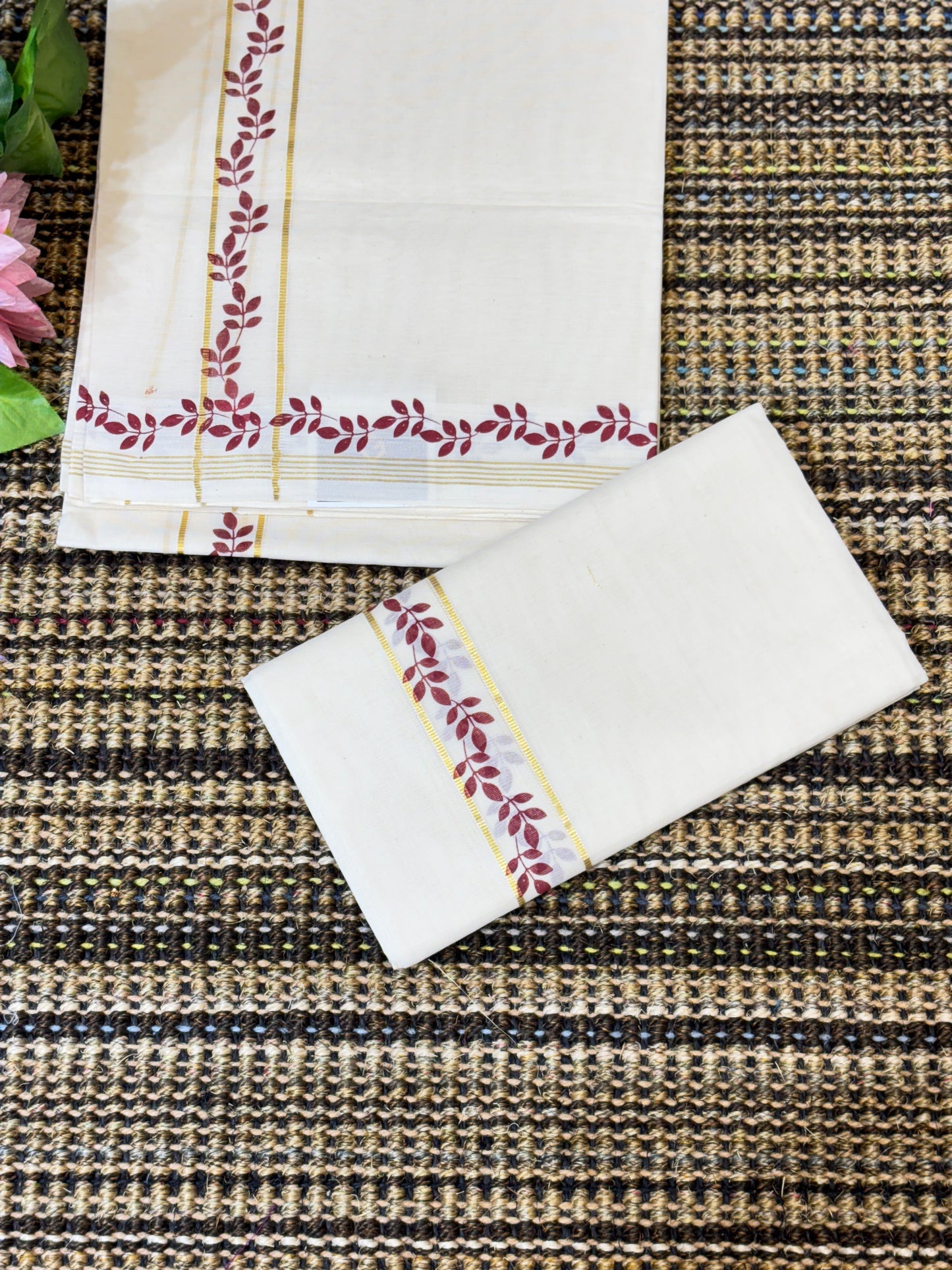 Traditional Cotton Set Mundu for Women | Leaf Border