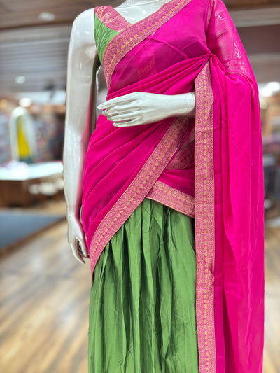 Unstitched Multicolor Silk Lehenga Set with Blouse Piece & Dupatta | Traditional Half Saree Style | Festive for Women