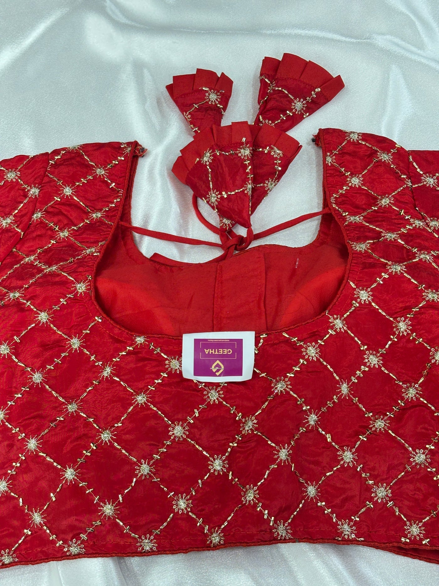 Silk Blouse | Ethnic Ready to wear | Sequins work | U-Round Neck with Back Dori Tie-Up